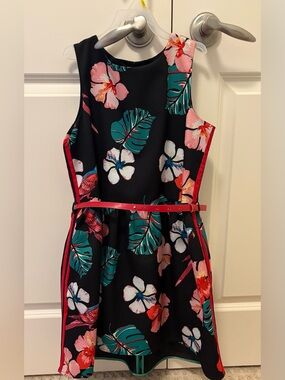 LOREDANA Tropical Floral Black A-Line Dress with Pink Belt